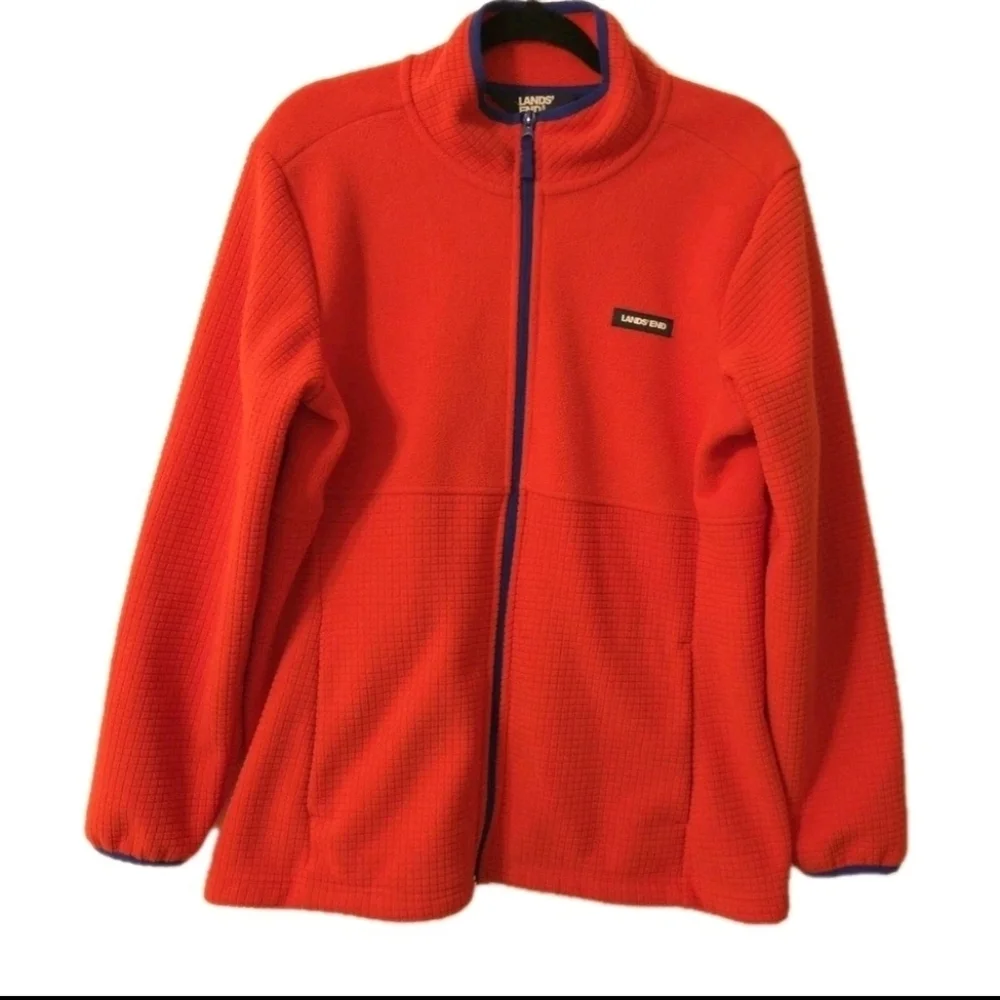 Lands End Jacket Womens L Orange Blue Trim Grid Fleece Full Zip Pockets - Picture 2 of 8